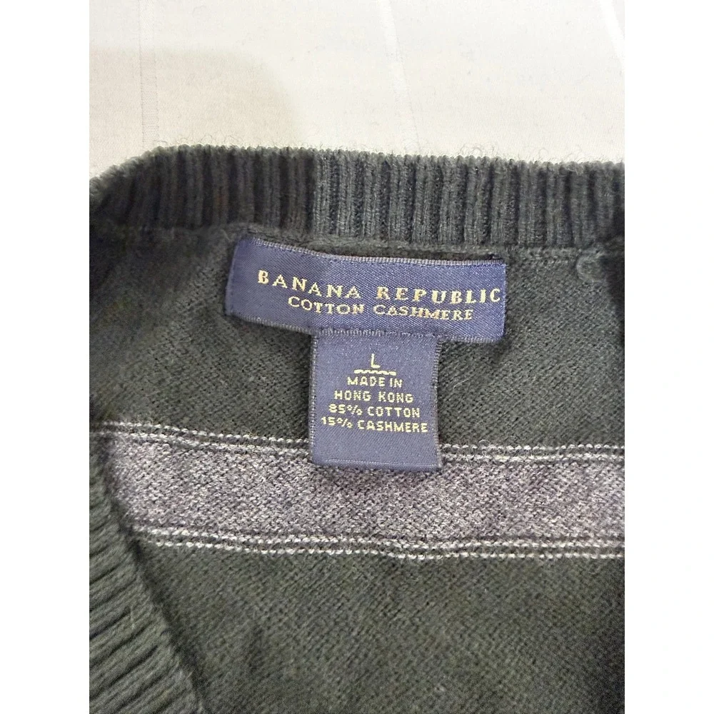Banana Republic Mens V-Neck Sweater Black Grey Striped Cotton Cashmere Large L